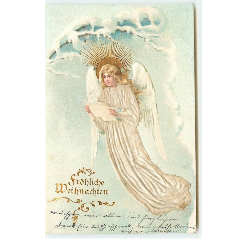 n°17471 - Carte Gaufrée - Fröhliche Weihnachten - Ange gardien lisant