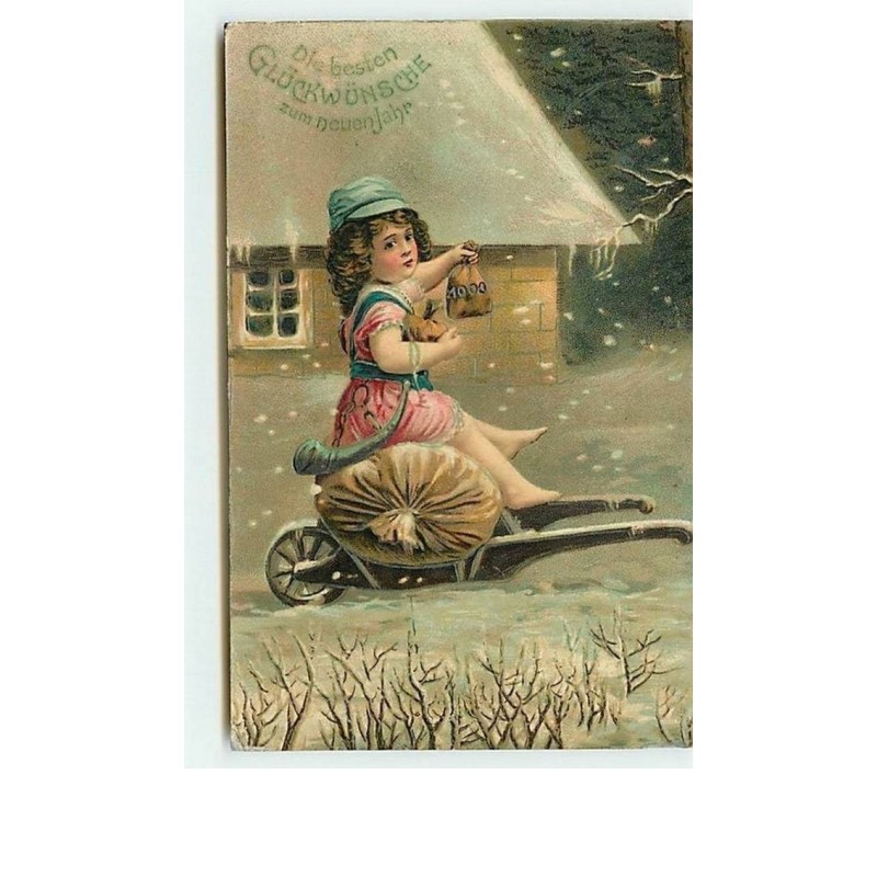 n°10689 - Carte Fantaisie - Fillette assise sur un sac de pièces sur une brouette