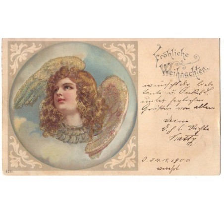 n°17473 - Fröhliche Weihnachten - Ange dans un médaillon - Carte à paillettes