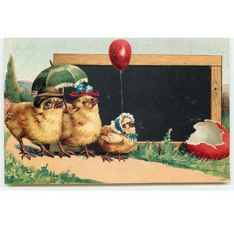 n°17474 - Carte Gaufrée - Famille de poussins habillés