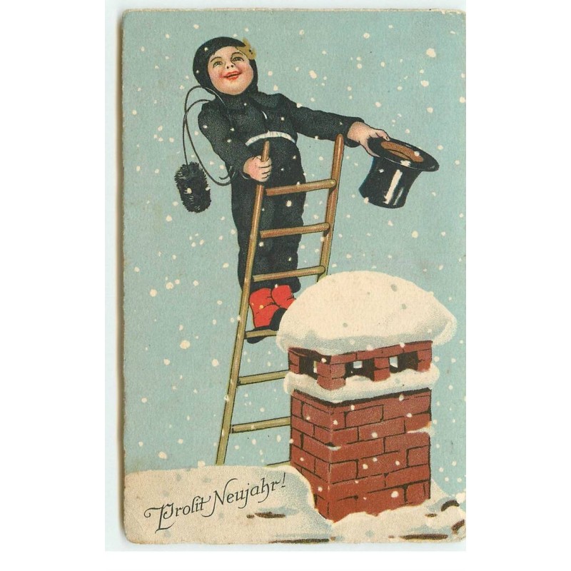 n°17479 - Prosit Neujahr - Flatscher - Ramoneur sur une echelle près d'une cheminée sous la neige