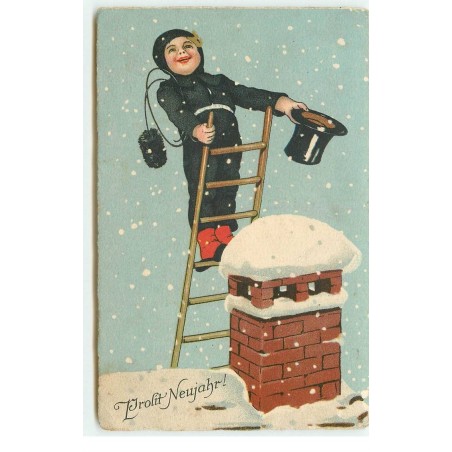 n°17479 - Prosit Neujahr - Flatscher - Ramoneur sur une echelle près d'une cheminée sous la neige