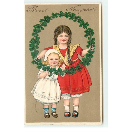 n°17480 - Carte Gaufrée - Flatscher - Prosit Neujahr - Fillettes portant une couronne de trèfles