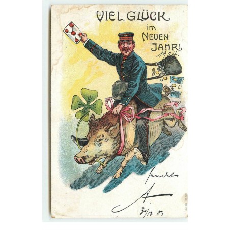 n°17481 - Viel Glück im Neuen Jahr - Facteur à califourchon sur un cochon