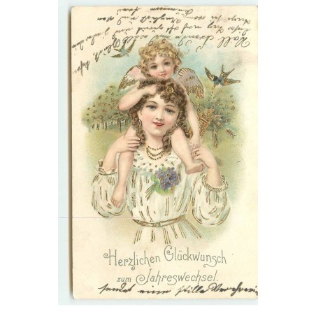 n°17483 - Carte Gaufrée - Ange sur les épaules d'une jeune femme, hirondelle