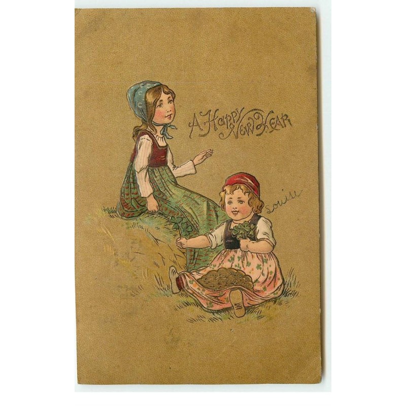 n°17484 - Carte Gaufrée - A Happy New Year - Fillettes, l'une avec des pièces d'or