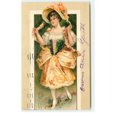 n°17487 - Carte Gaufrée - Clapsaddle - To my Valentine - Jeune femme avec une guirlande de fleurs