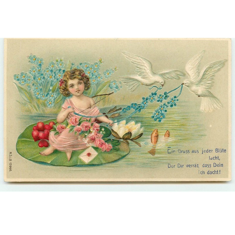 n°17488 - Carte Gaufrée - Eir Gruss aus jeder ... dacht ! - Cupidon sur un nénuphar tiré par des colombes