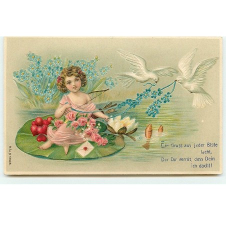 n°17488 - Carte Gaufrée - Eir Gruss aus jeder ... dacht ! - Cupidon sur un nénuphar tiré par des colombes