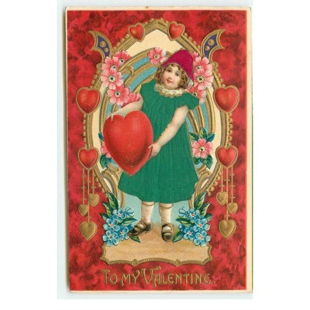 n°17491 - Carte Gaufrée - To my Valentine - Fillette entourée de coeurs (robe en tissu)