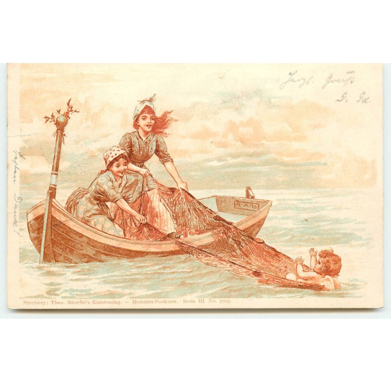 n°17498 - Theo Stroefer's Serie III n°5223 - Jeunes femmes dans une barque remontant dans leur filet un ange