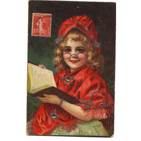 n°17504 - Fillette portant des lunettes et lisant - Carte avec strasses et paillettes