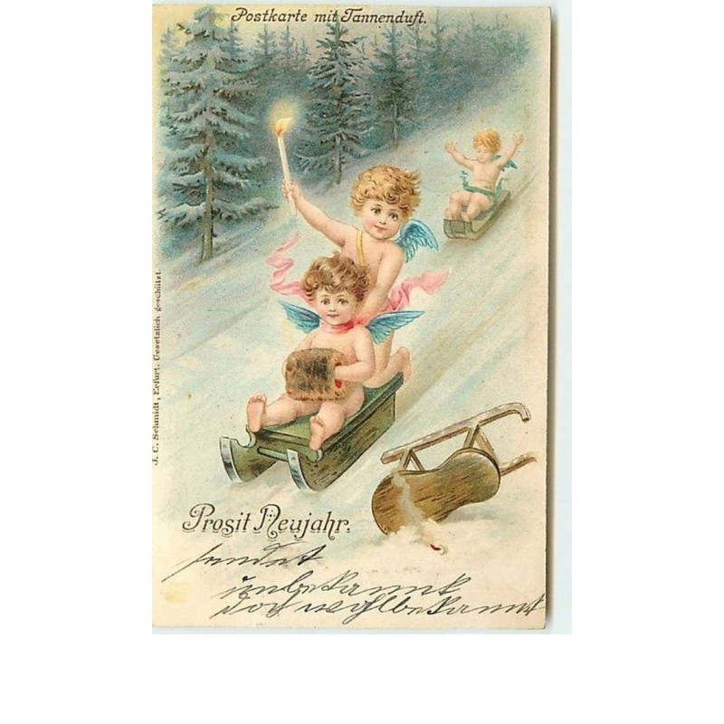 n°10691 - Carte Fantaisie - Prosit Neujahr - Angelots faisant de la luge