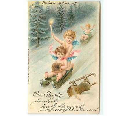 n°10691 - Carte Fantaisie - Prosit Neujahr - Angelots faisant de la luge