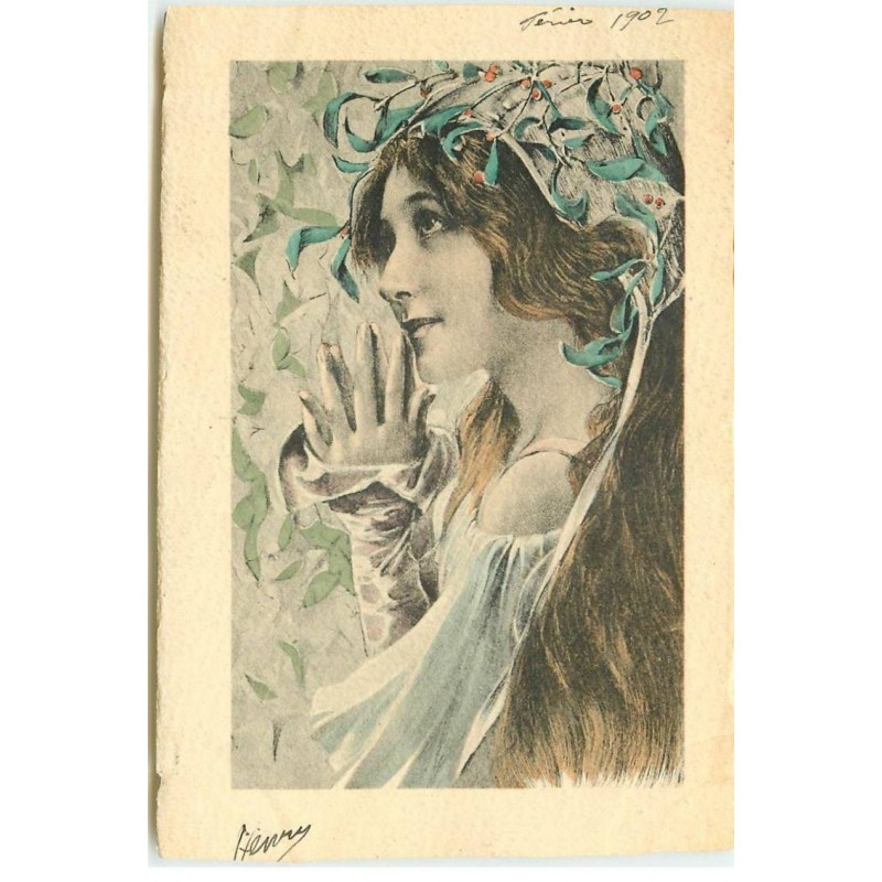 n°17518 - Art Nouveau - Jeune Femme avec une coiffe avec du houx