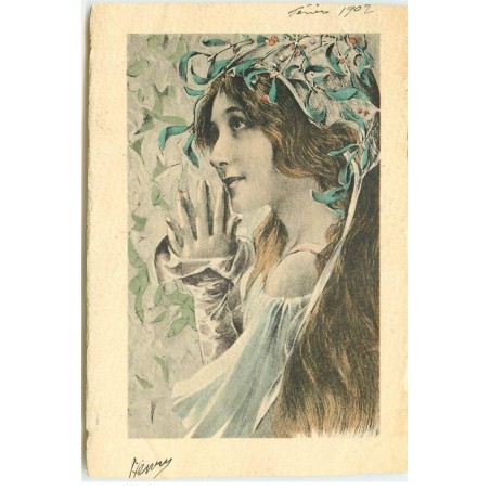n°17518 - Art Nouveau - Jeune Femme avec une coiffe avec du houx
