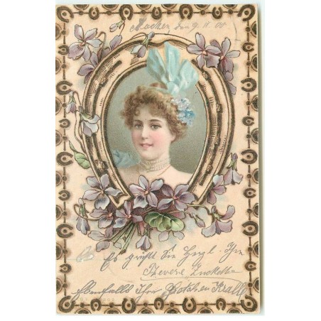 n°17522 - Imitation Bois - Jeune femme au milieu d'un fer à cheval entouré de violettes