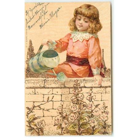 n°17525 - Imitation Bois - Enfant arrossant des fleurs