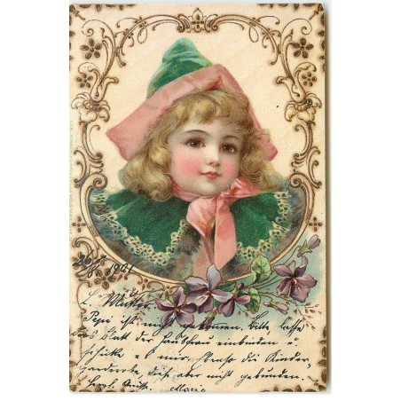 n°17526 - Imitation Bois - Fillette avec un chapeau vert
