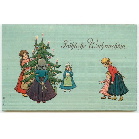 n°17534 - Carte Gaufrée - Fröhliche Weihnachten - Jeunes filles autour d'un sapin décoré