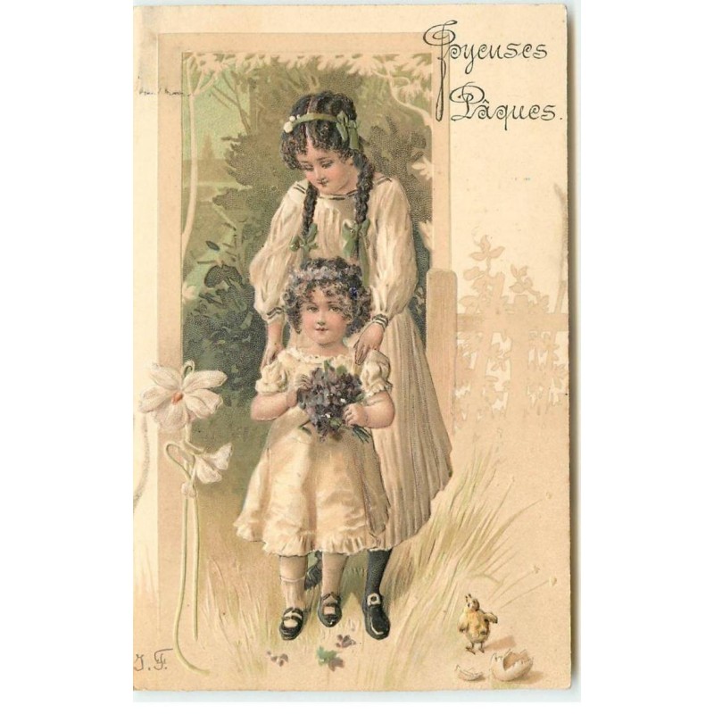 n°17538 - Carte Gaufrée - Joyeuses Pâques - Une jeune fille et une fillette