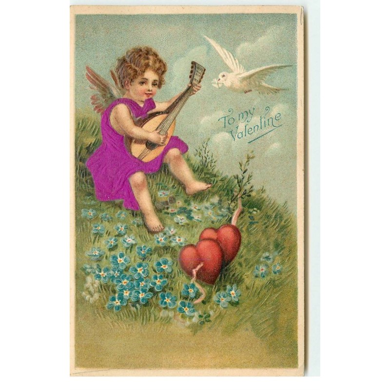 n°17576 - Carte Gaufrée - To my Valentine - Ange jouant de la mandoline à une colombe- vêtement tissu