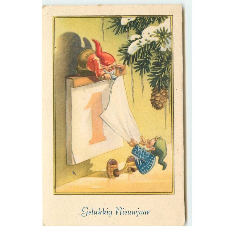 n°17577 - Gelukkig Nieuwjaar - Lutins déchirant une feuille d'éphéméride