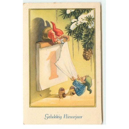 n°17577 - Gelukkig Nieuwjaar - Lutins déchirant une feuille d'éphéméride