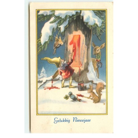 n°17578 - Gelukkig Nieuwjaar - Lutin peignant un 1 sur un arbre