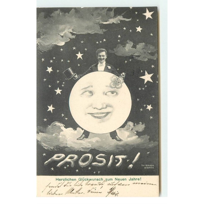 n°17580 - Herzlichen Glückwunsch zum Neuen Jahre - Homme et un clair de Lune - surréalisme - Th. Bauer