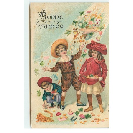 n°17584 - Carte Gaufrée - Bonne Année - Enfants ramassant des portes-bonheur - pièces d'or