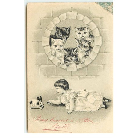n°17595 - Carte Gaufrée - Fillette jouant avec un lapin, sous le regard de chats