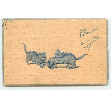 n°17598 - Carte Gaufrée - Amitié Sincère - Chats jouant avec une balle