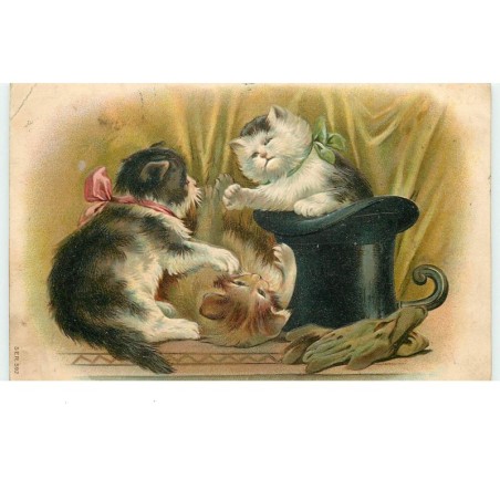 n°17599 - Carte Gaufrée - Chats jouant, l'un dans un chapeau haut de forme