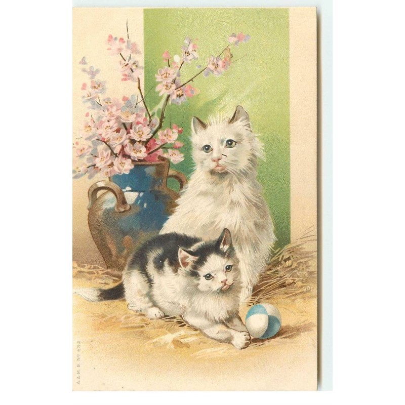 n°17600 - Chats près d'un vase, l'un jouant avec une balle
