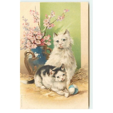 n°17600 - Chats près d'un vase, l'un jouant avec une balle