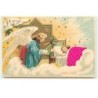 n°17615 - Carte Gaufrée - Ange gardien veillant sur une enfant dormant - couverture en tissu