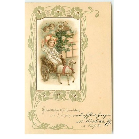 n°17631 - Carte Gaufrée - Glückliche Weihnachten und Neujahr - Ange dans une petite charette tirée par un mouton
