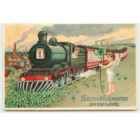 n°17632 - Carte Gaufrée - Herzlichen Glückwunsch zum neuen Jahre - Anges conduisant un train