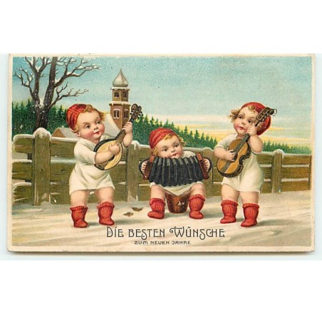 n°17633 - Carte Gaufrée - Die Besten Wünsche zum Neuen Jahre - Enfants jouant de la musique