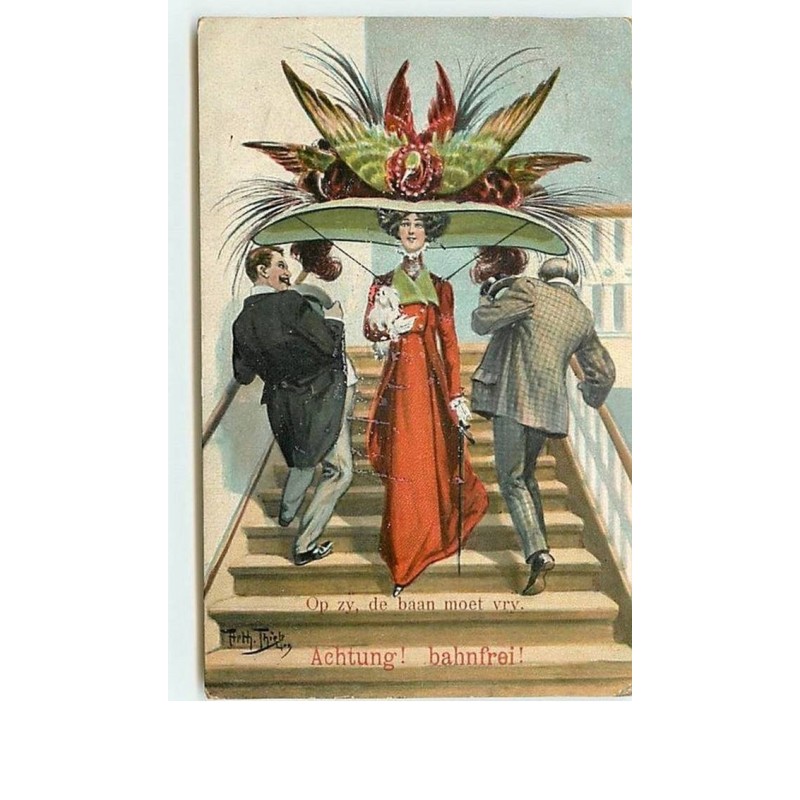n°10701 - Carte Illustrateur - Arthur Thiele - Achtung ! Bahnfrei ! - Femme avec un grand chapeau