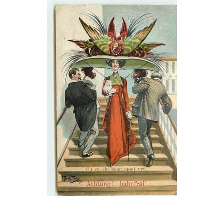 n°10701 - Carte Illustrateur - Arthur Thiele - Achtung ! Bahnfrei ! - Femme avec un grand chapeau