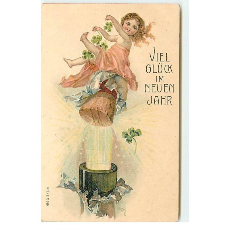 n°17636 - Carte Gaufrée - Viel Glück im Neuen Jahre - Fillette assise sur le bouchon d'une bouteille de champagne