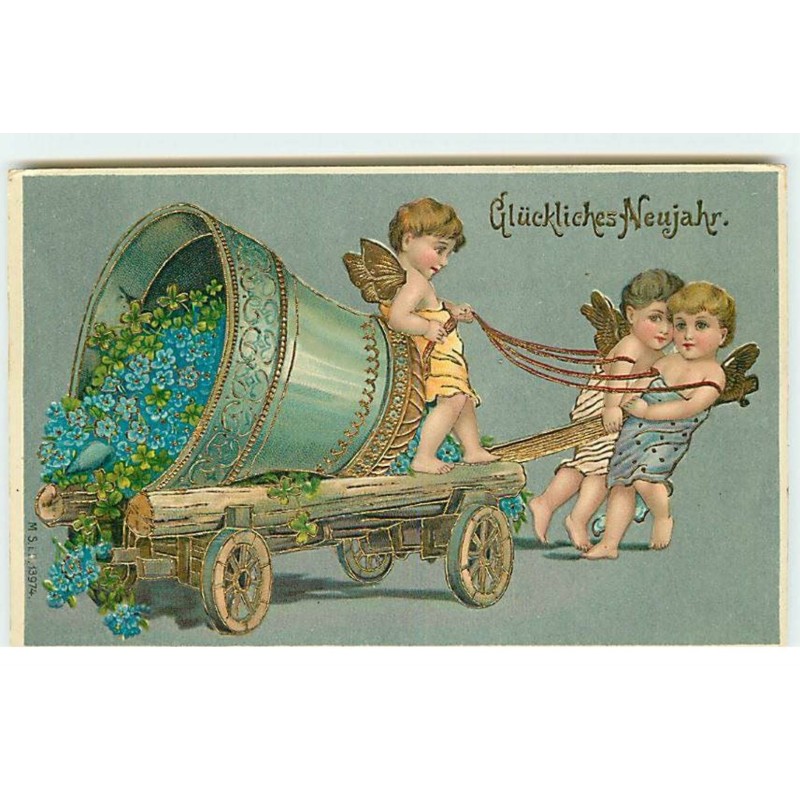 n°17638 - Glückliches Neujahr - Anges renversant un chaudron rempli de fleurs