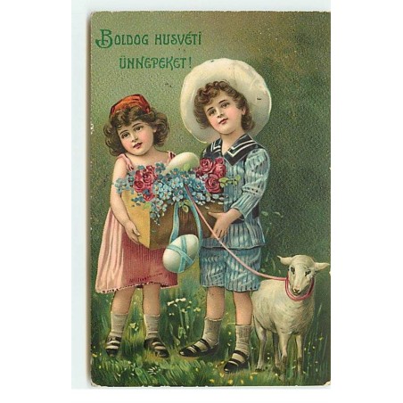 n°17642 - Carte Gaufrée - Boldog Husvéti Unnepeket - Enfants portant une caisse remplie de fleurs, et tenant un mouton