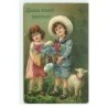 n°17642 - Carte Gaufrée - Boldog Husvéti Unnepeket - Enfants portant une caisse remplie de fleurs, et tenant un mouton