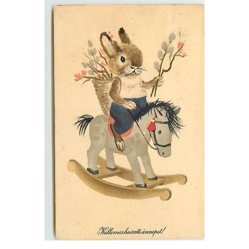 n°17644 - Kellemeshusvétiünnepet - Petit lapin sur un cheval à bascule