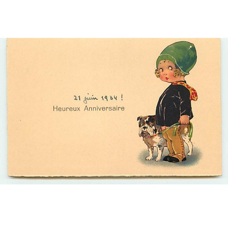 n°17647 - Heureux Anniversaire - Fillette tenant en laisse un bouledogue