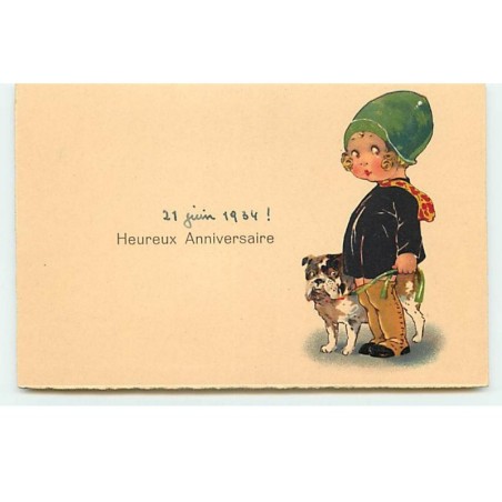 n°17647 - Heureux Anniversaire - Fillette tenant en laisse un bouledogue
