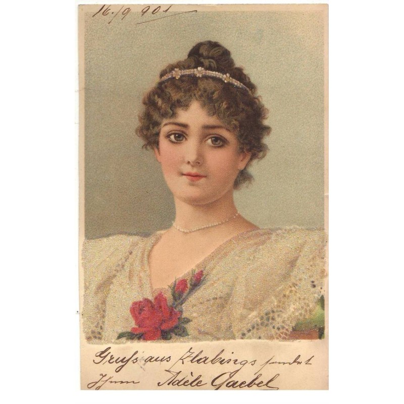 n°17651 - Carte à Paillettes - Portrait d'une Jeune femme